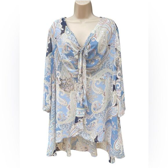 CATO Plus 18/20W  Blue Paisley Ruffles Lace Cream Tie Front Elastic Neckline - Picture 1 of 6